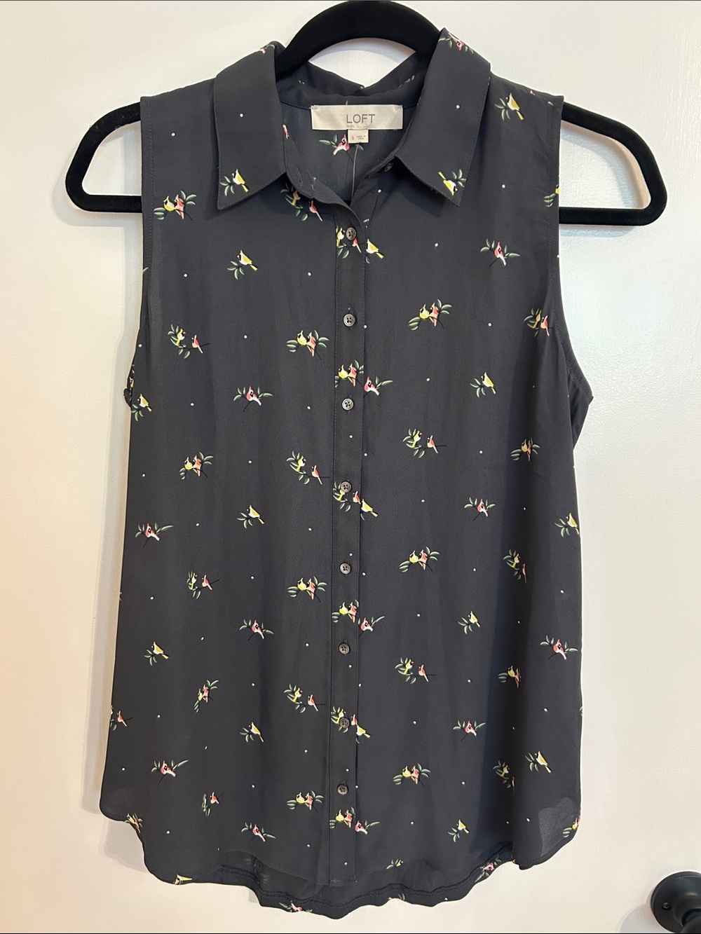 LOFT Dark Gray Sleeveless Button-Down Top with Cardinal Print